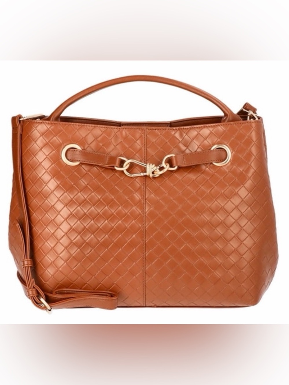 Time and Tru Woven Satchel in Cognac Brown with gold accent